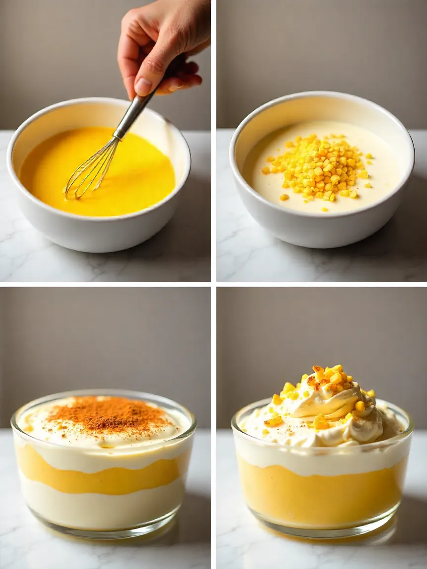 Step-by-step process of making corn tiramisu: from corn purée and milk infusion to whipped cream mixing and dessert layering.