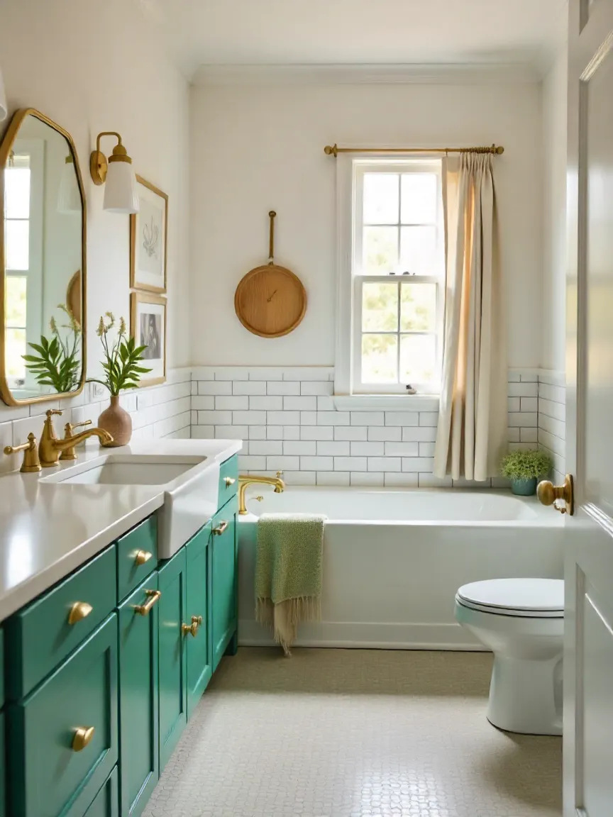 Modern home updates showing kitchen with green cabinets and gold hardware and bathroom with new faucets, pastel walls, and geometric backsplash tiles.