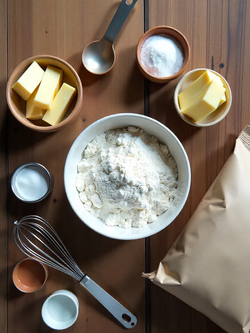 Collage of cake ingredients including flour, eggs, butter, sugar, and baking powder arranged on a kitchen counter with warm lighting.