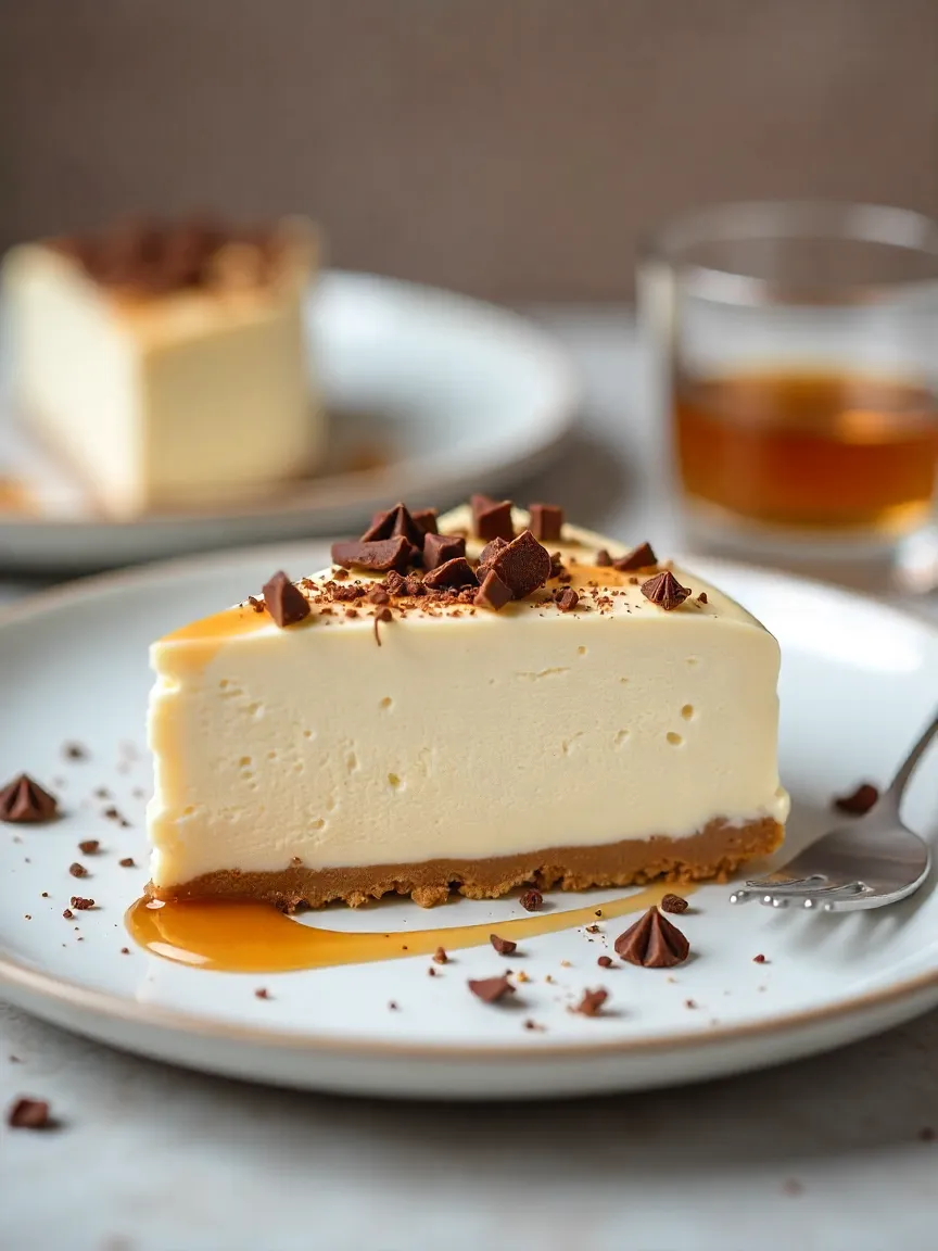 Slice of coffee semifreddo dessert with chocolate shavings and caramel drizzle, paired with Irish cream liqueur, showing creamy and airy texture.