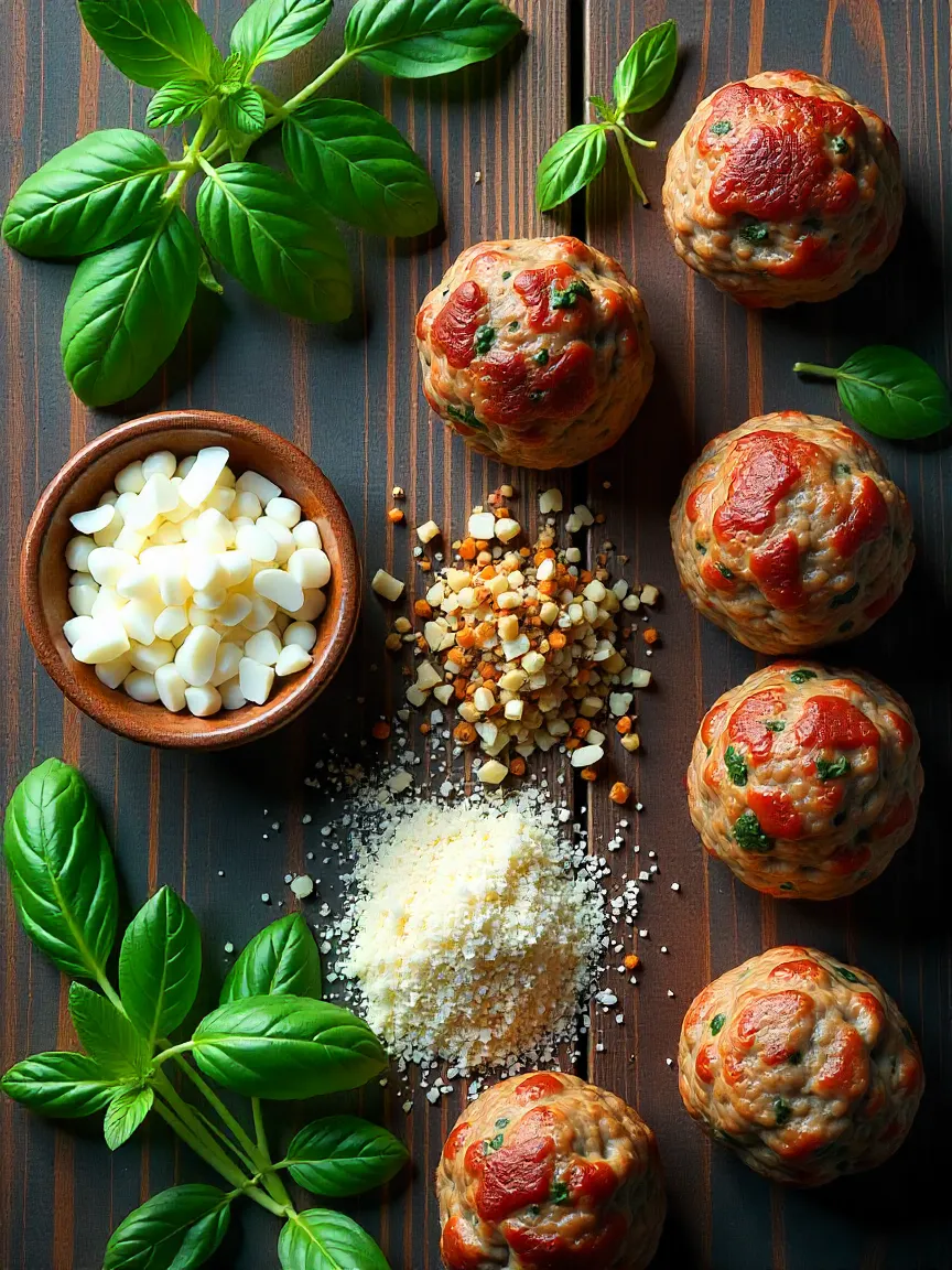 Fresh herbs and spices for Italian meatballs, including parsley, basil, oregano, garlic, Parmesan, and pepper flakes on a rustic wooden surface.
