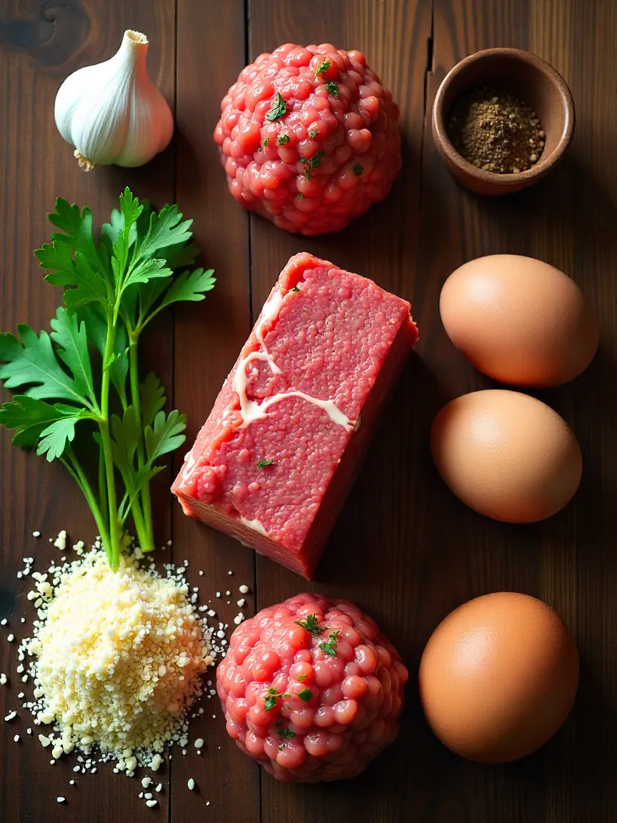 Fresh ingredients for Italian meatballs, including meats, herbs, cheese, breadcrumbs, and spices, arranged on a rustic wooden table.