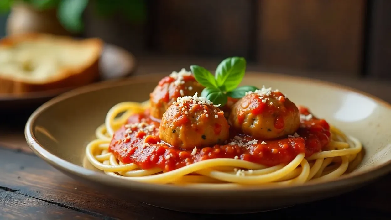 Plate of Italian meatballs in marinara sauce with spaghetti, basil, and Parmesan on a rustic wooden table.