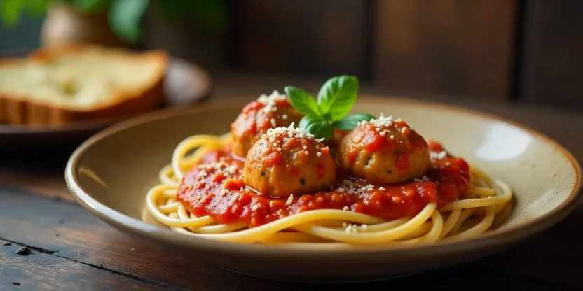 Plate of Italian meatballs in marinara sauce with spaghetti, basil, and Parmesan on a rustic wooden table.