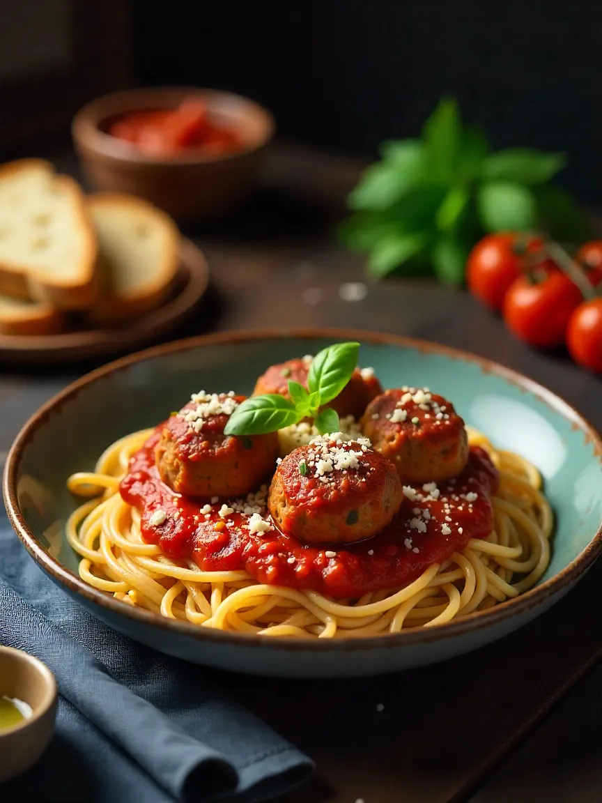 Italian meatballs served over spaghetti with marinara, Parmesan, garlic bread, and salad on a rustic table.