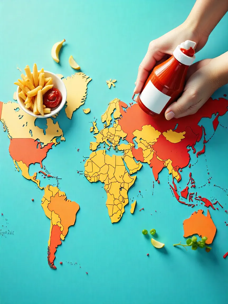 World map showing global ketchup variations including banana ketchup in the Philippines, curry ketchup in Germany, and classic tomato ketchup in the USA.