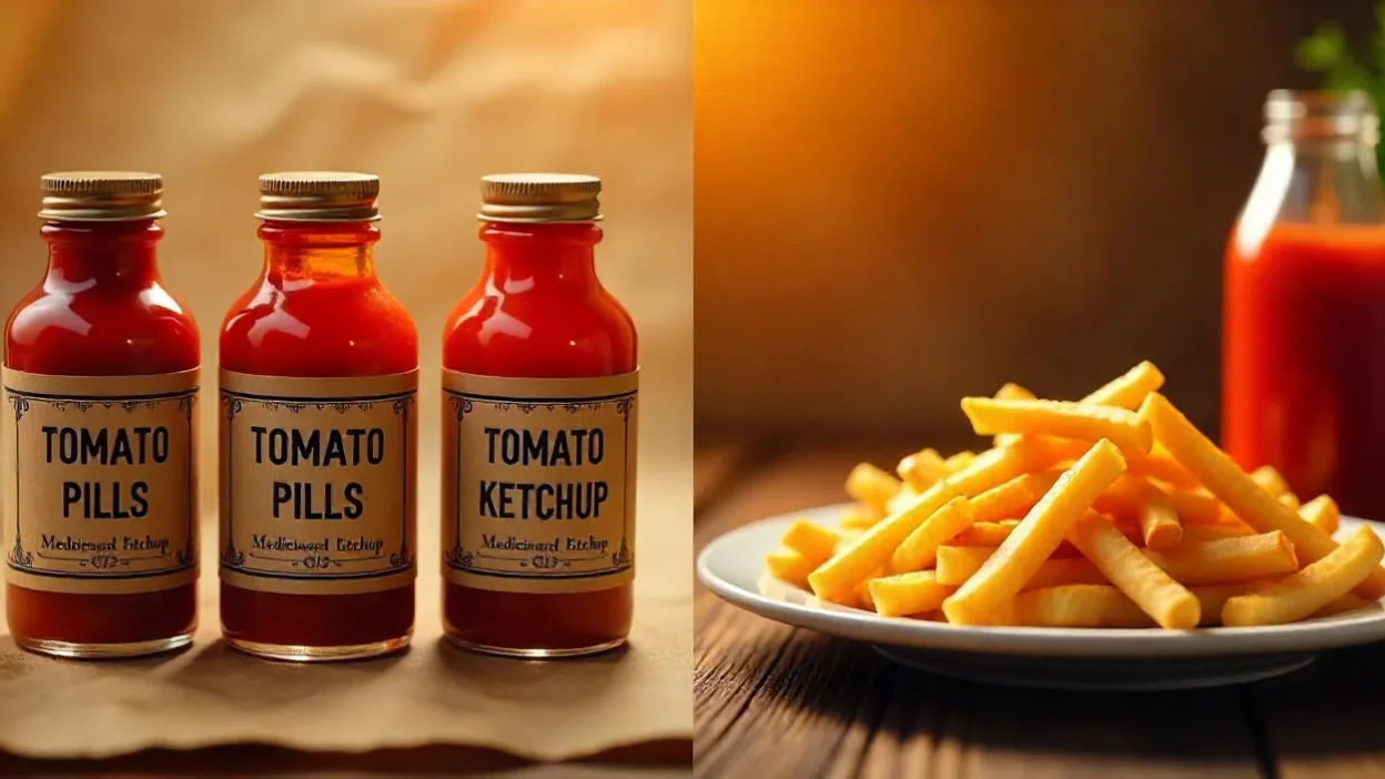 Evolution of ketchup from 1830s medicinal tomato pills to today’s condiment served with fries.