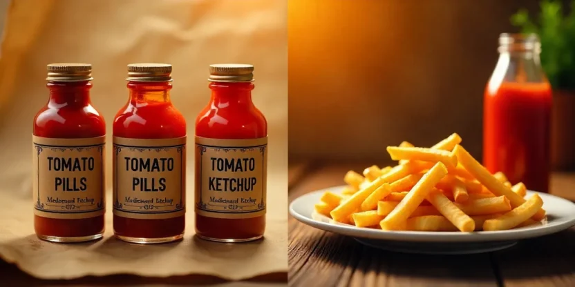 Evolution of ketchup from 1830s medicinal tomato pills to today’s condiment served with fries.