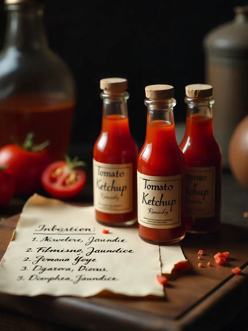 19th-century medicinal ketchup bottles with notes listing indigestion, diarrhea, and jaundice as key medical uses.