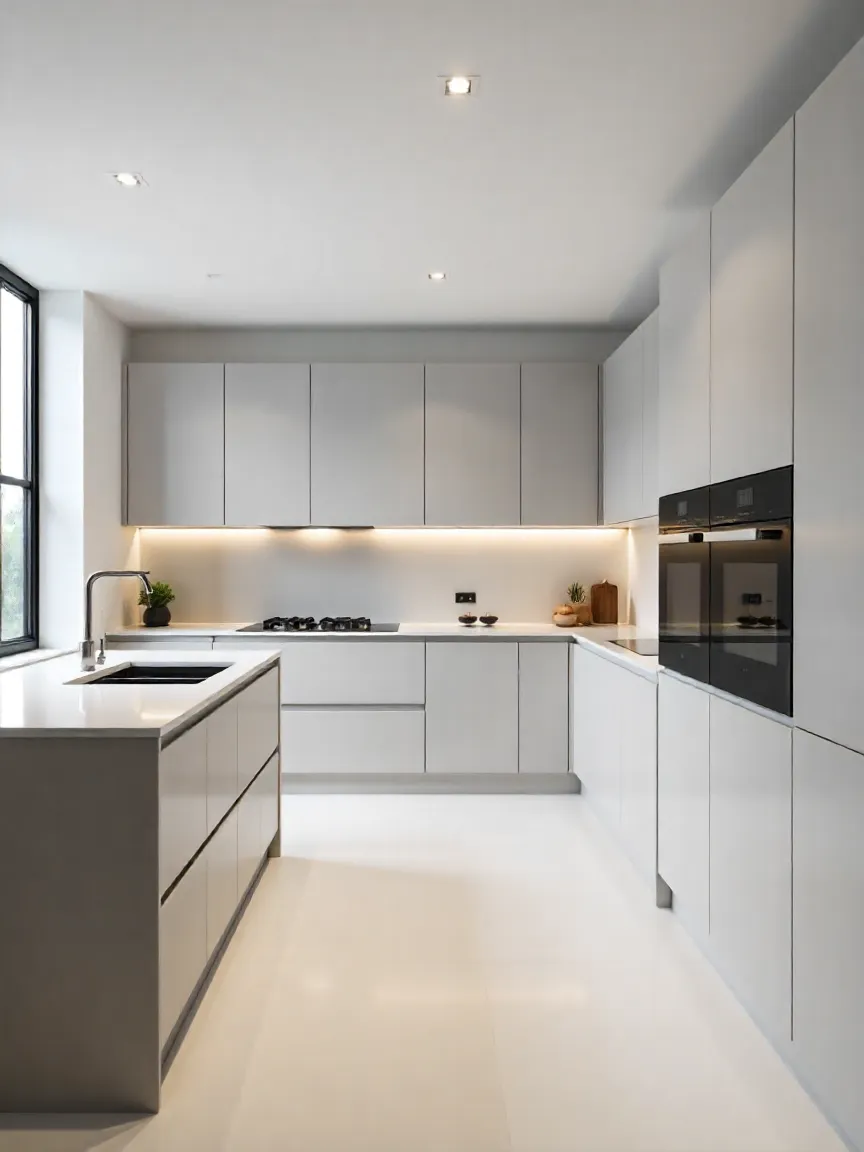Modern kitchen with minimalist cabinets, open layout, and integrated appliances in a sleek design.