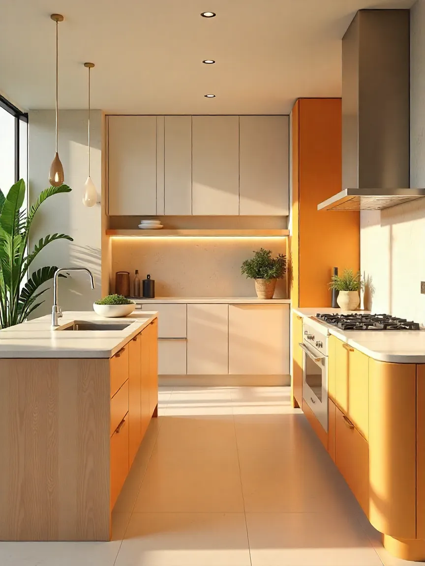 Open-concept modern kitchen with island, flat cabinets, and smart appliances in a minimalist neutral design.