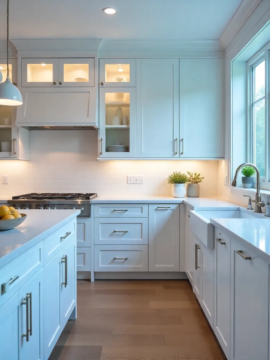 White kitchen with shaker cabinets, quartz countertops, subway tile backsplash, and pendant lighting for a timeless and balanced design.