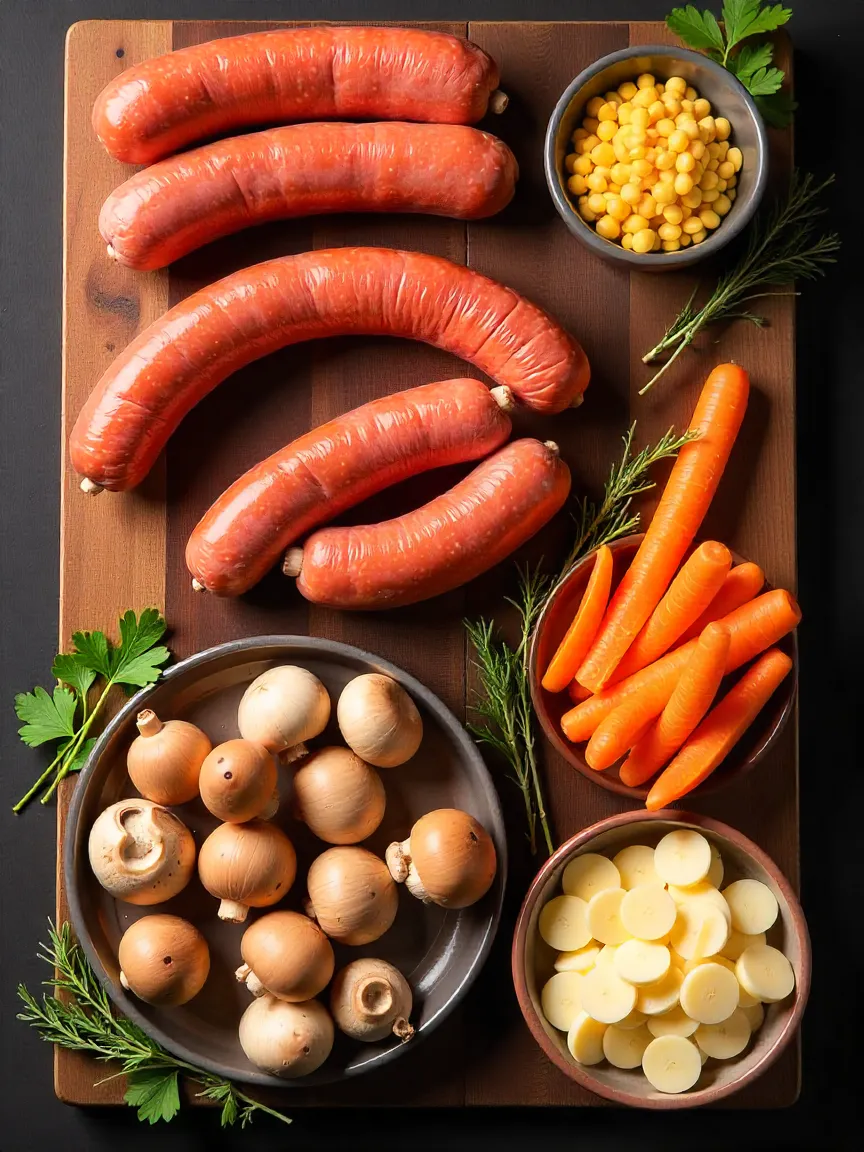 A visually appealing flat lay of ingredients for a homemade hot dog, including high-quality sausages, fresh mushrooms, Korean carrots, and assorted cheeses, arranged on a wooden table.