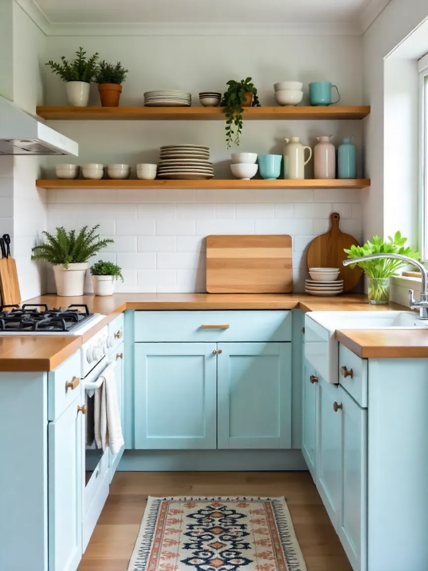 Kitchen with patterned rug, open shelves with glassware, potted herbs, and rustic accessories for a cozy, curated look.