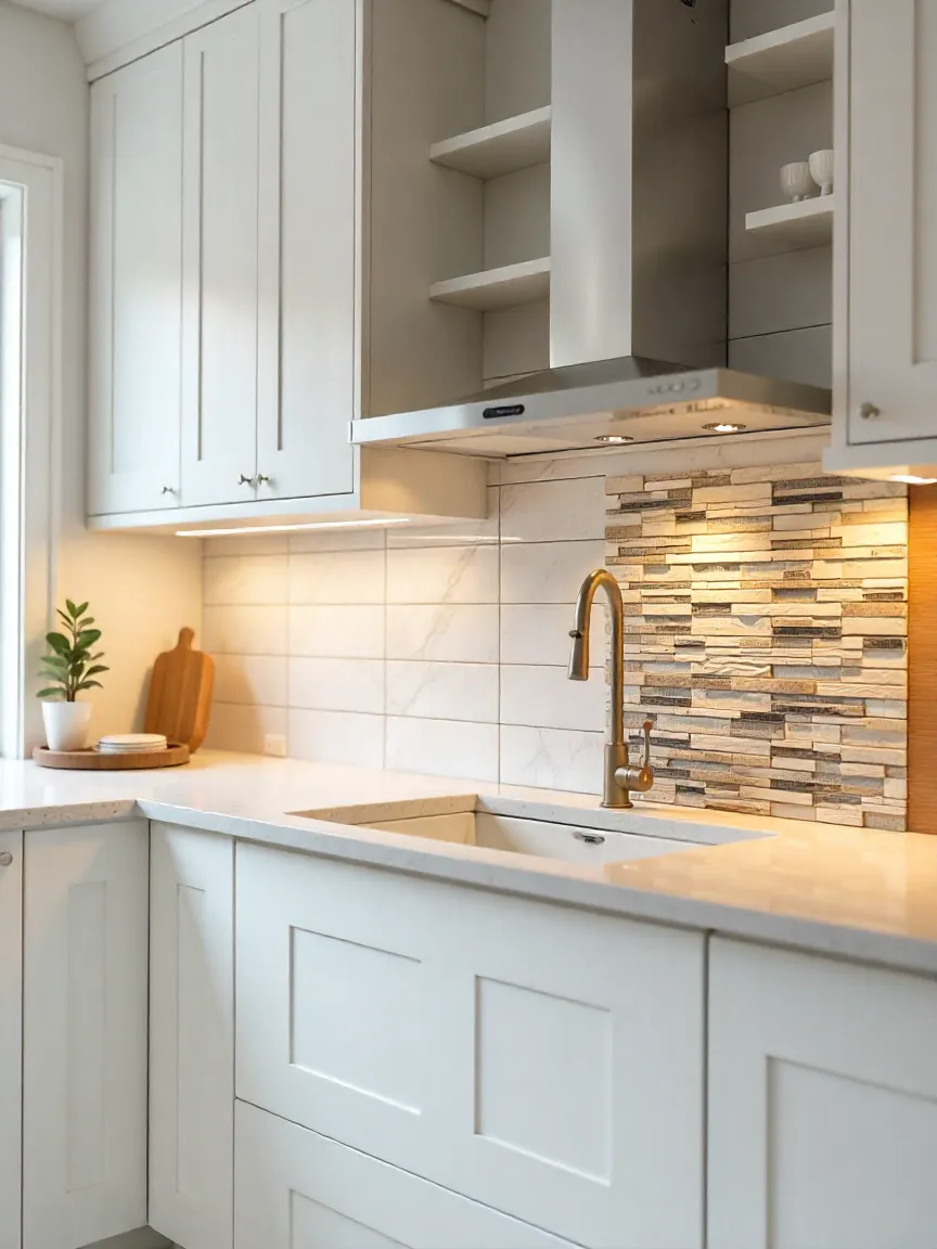 Kitchen backsplash display with subway tiles, glass mosaics, marble stone, and wood accents in a bright, modern kitchen.