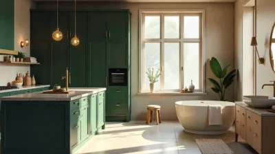 Modern kitchen with green cabinets, brass fixtures, and stone countertops alongside a spa-inspired bathroom with freestanding tub, bold tiles, and warm lighting.