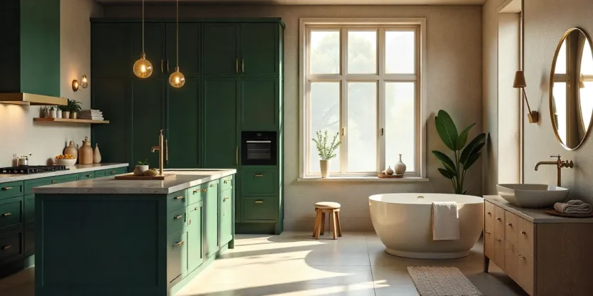 Modern kitchen with green cabinets, brass fixtures, and stone countertops alongside a spa-inspired bathroom with freestanding tub, bold tiles, and warm lighting.