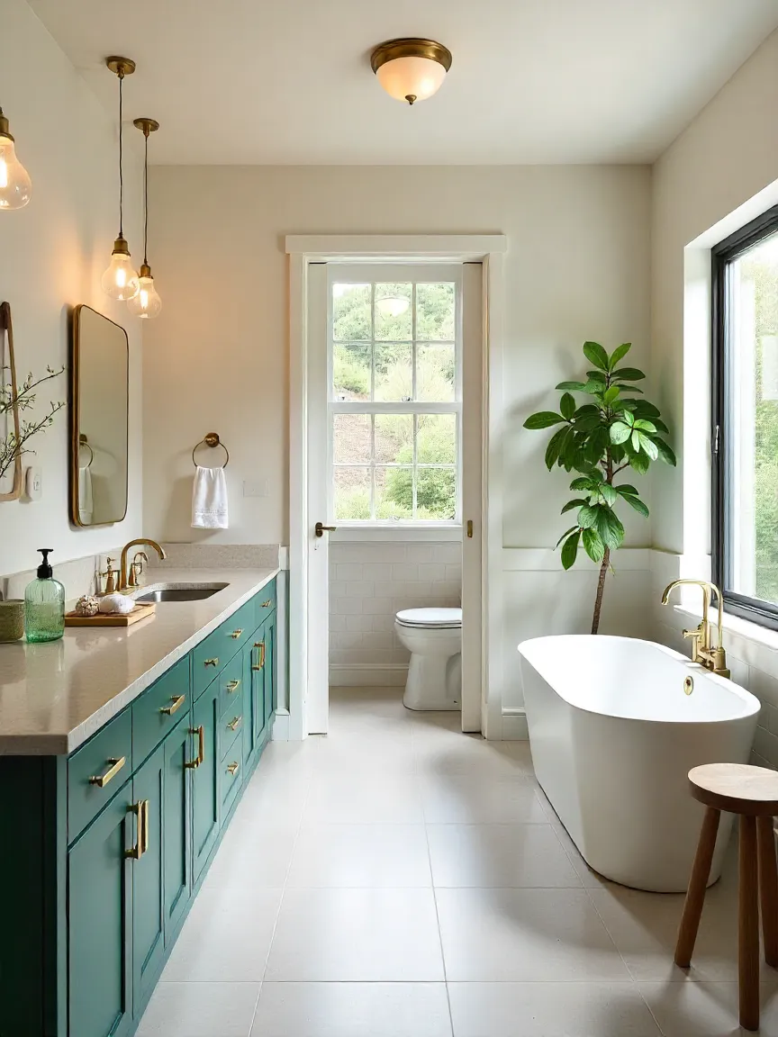 Modern home with stylish kitchen and spa-inspired bathroom, blending natural materials, bold accents, and comfort-focused design in one cohesive look.