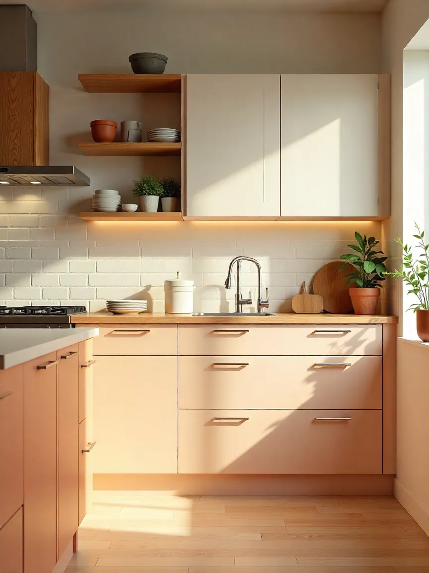 Kitchen showcasing wood, laminate, metal, and MDF cabinet options in a stylish display.
