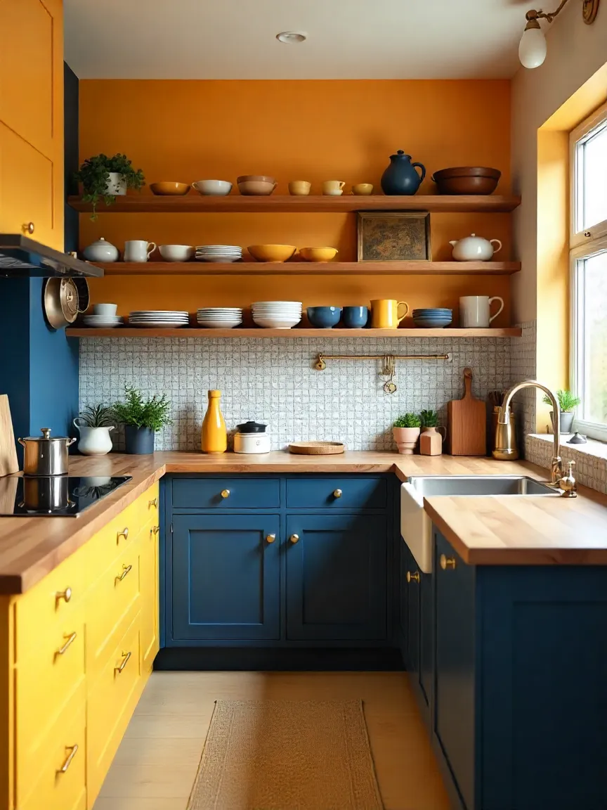 Kitchen with soft yellow cabinets, deep navy accents, brass hardware, and a rustic island for a balanced, stylish color palette.