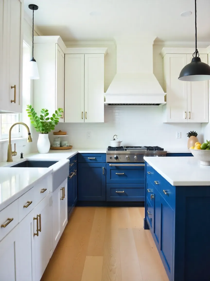 Modern kitchen featuring a navy blue island, white cabinets, marble countertops, and brass accents, highlighting a balanced and stylish color scheme.