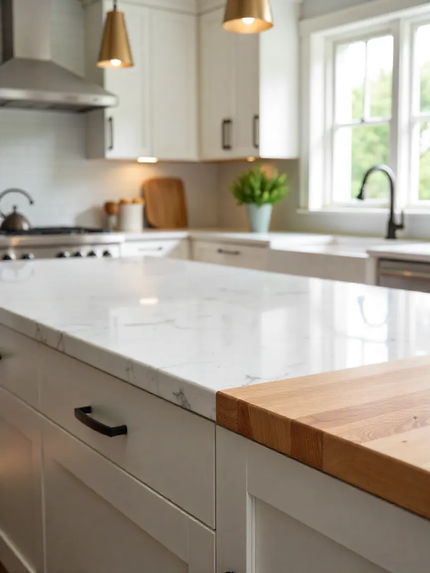 Kitchen island displaying granite, quartz, marble, and butcher block countertop materials in a bright, modern kitchen.