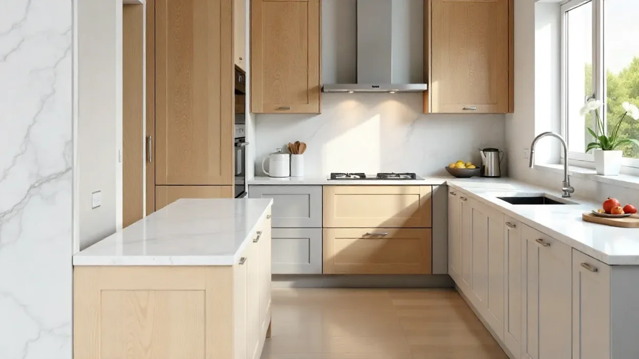 Modern kitchen featuring marble, quartz, granite, butcher block, and laminate countertops in a bright, stylish design.