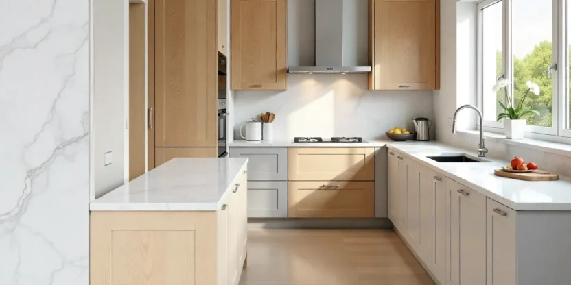 Modern kitchen featuring marble, quartz, granite, butcher block, and laminate countertops in a bright, stylish design.