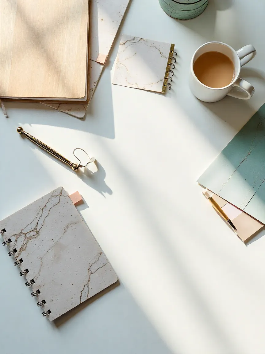 Countertop samples with paint swatches, hardware, and a budget notebook for planning a kitchen remodel.