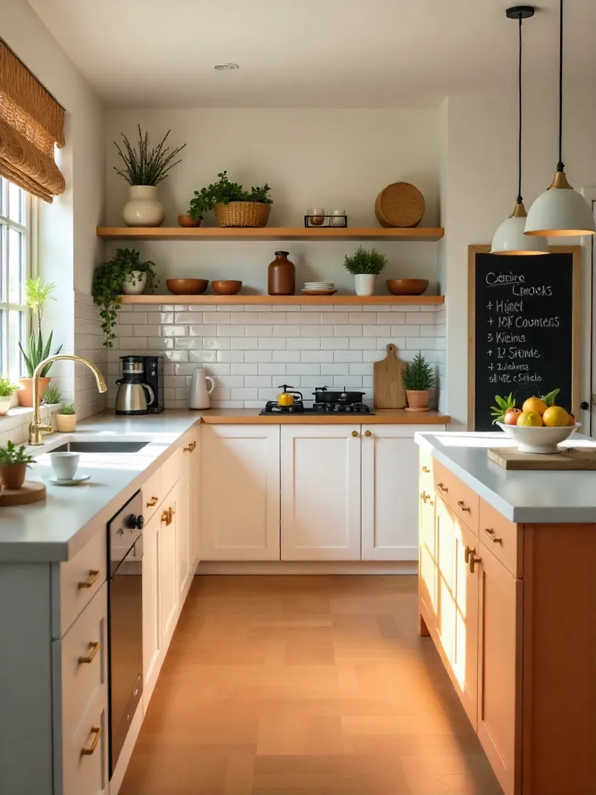 Modern kitchen with open shelving, a large island, subway tile backsplash, and stylish accents like baskets and pendant lights, illustrating top kitchen decor ideas.