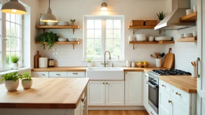 Modern kitchen with open shelving, subway tile backsplash, butcher block island, pendant lights, and decorative accents like woven baskets and ceramic canisters.