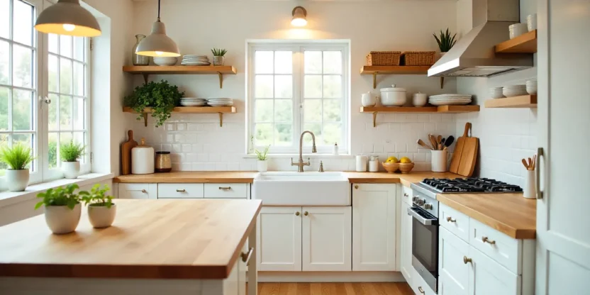 Modern kitchen with open shelving, subway tile backsplash, butcher block island, pendant lights, and decorative accents like woven baskets and ceramic canisters.