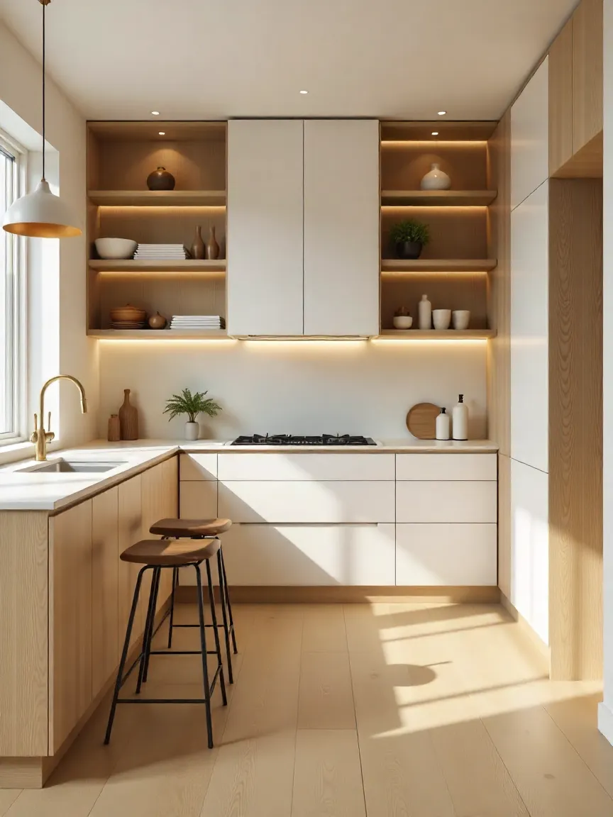 Modern kitchen remodel with island, open shelving, tall cabinets, and natural wood accents, illustrating stylish and functional layout ideas.
