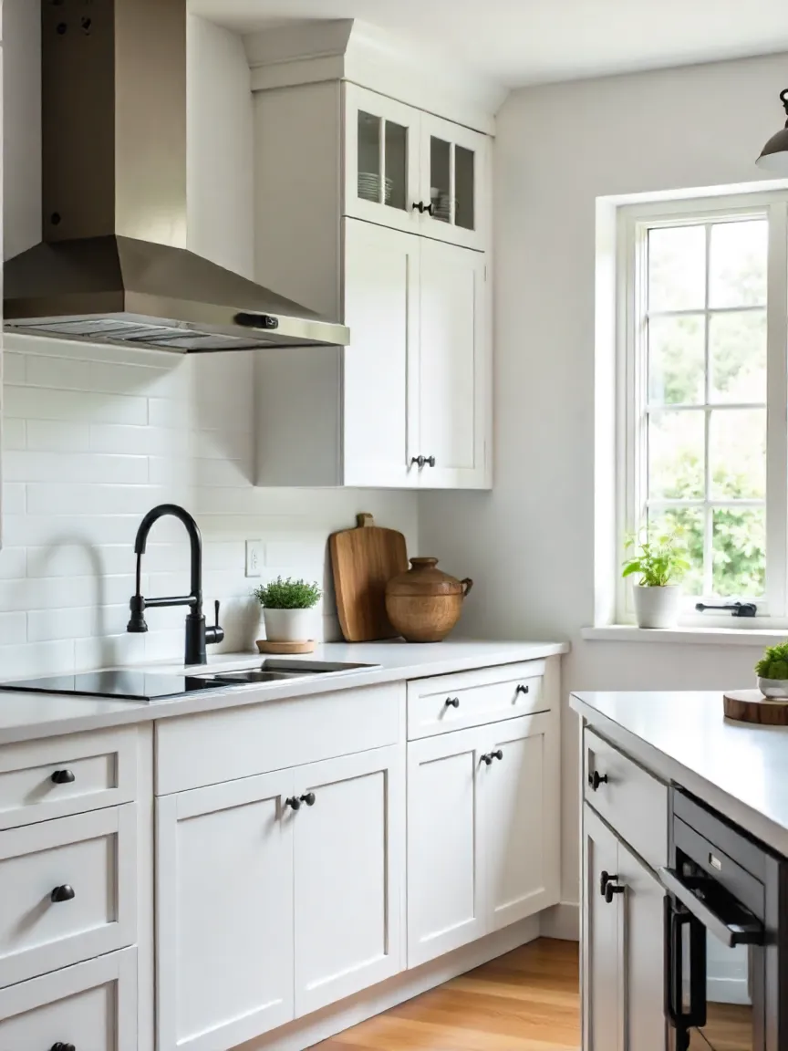 Modern kitchen with a matte black faucet, mixed hardware, open shelving, and elegant decor elements for a polished and functional finish.