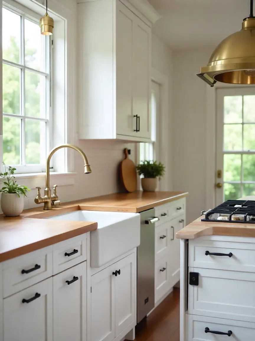 Kitchen with brass faucet, mixed hardware finishes, and statement lighting for a polished, cozy design.