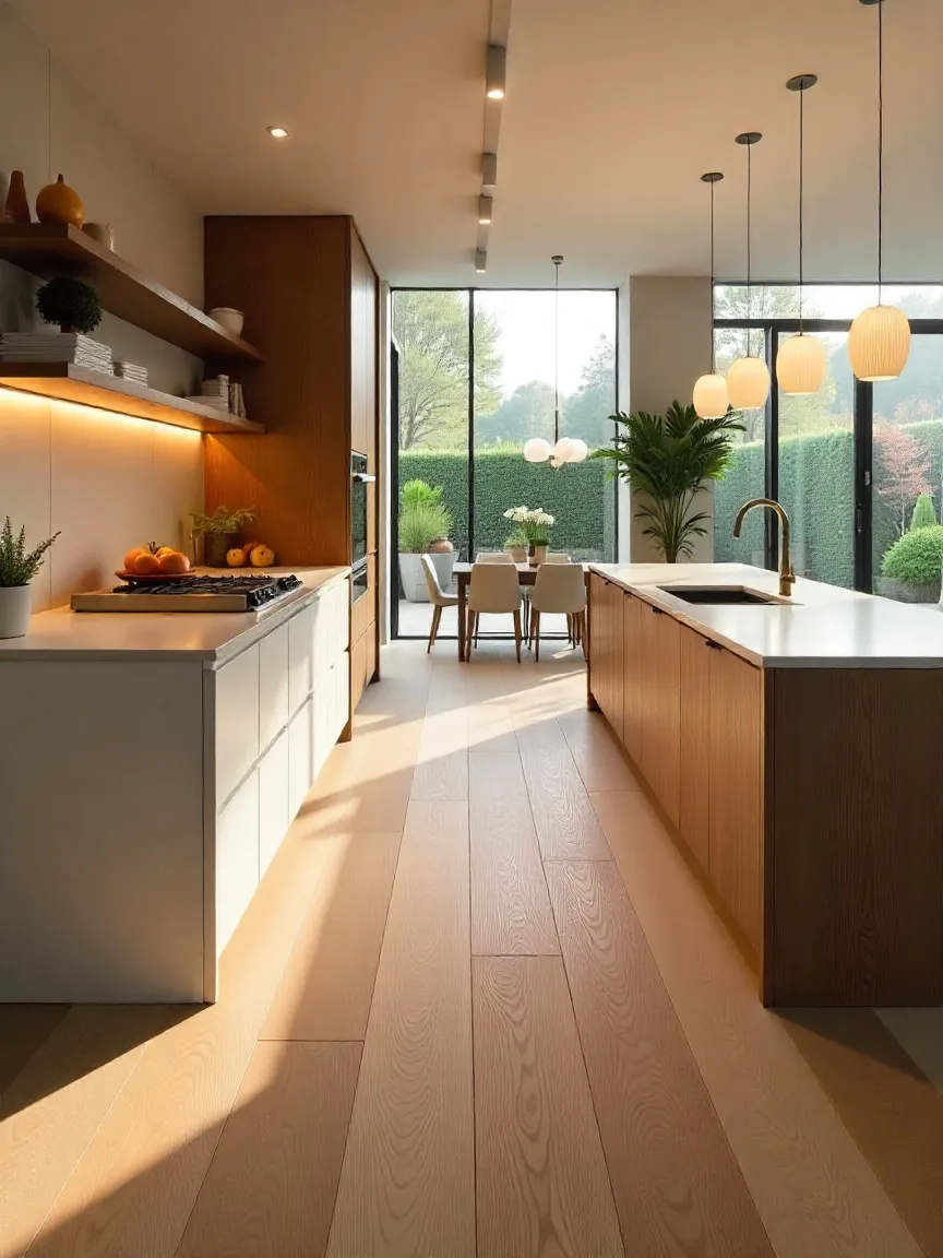 Kitchen featuring ceramic tile, hardwood, vinyl, and bamboo flooring options in a stylish layout.