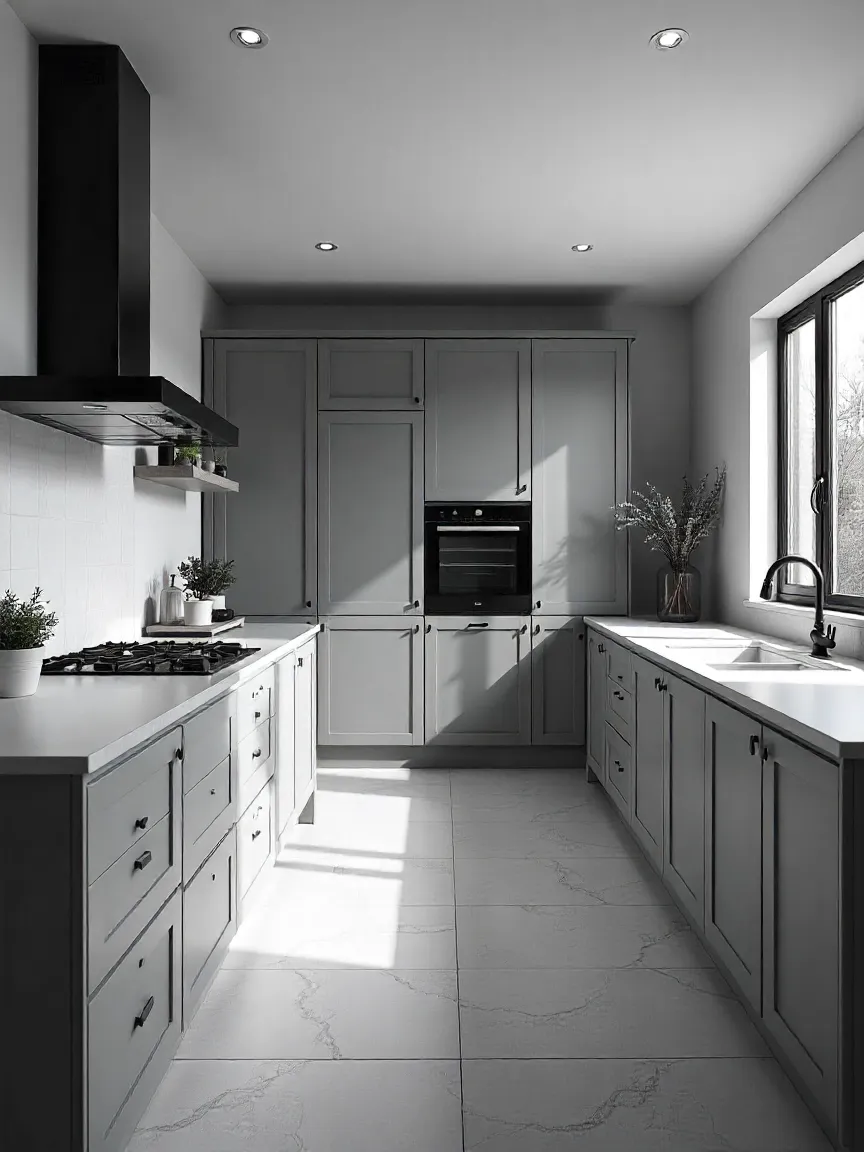 Modern kitchen with an open layout, clear work triangle, island, and wide walkways for maximum functionality and smooth traffic flow.