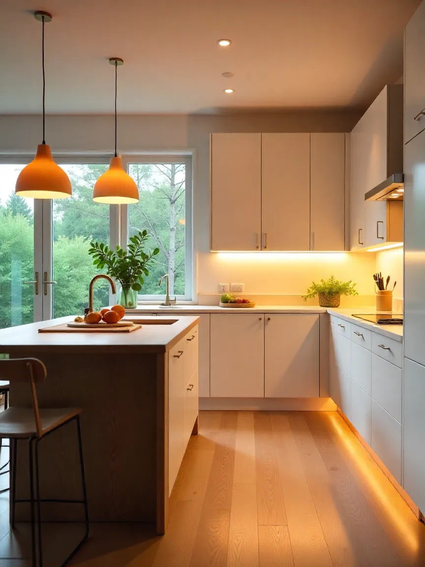 Kitchen with pendant lights, recessed lighting, under-cabinet LEDs, and large windows for natural light.