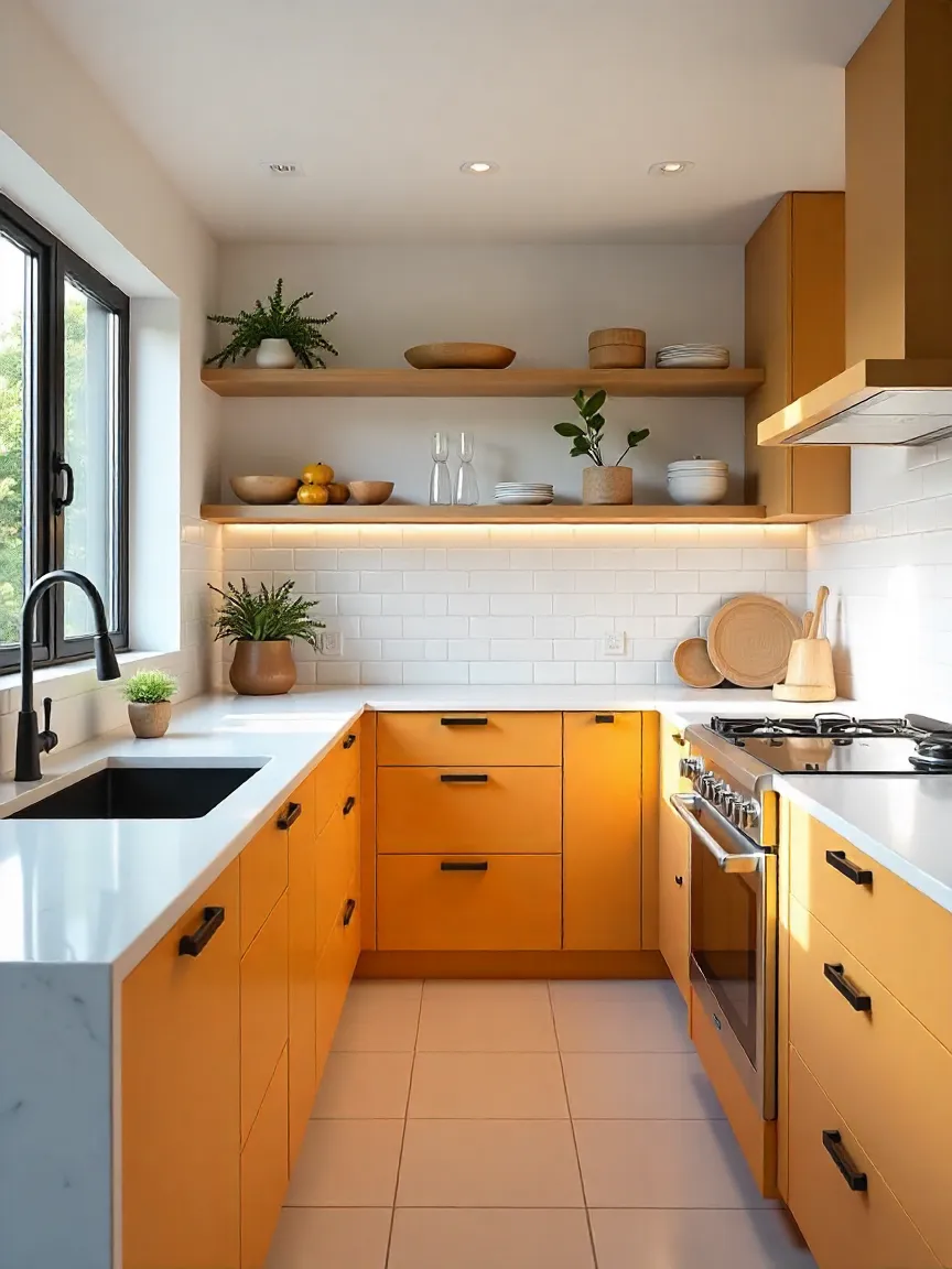 Modern kitchen featuring marble and quartz countertops, a butcher block accent, and a subway tile backsplash for a mix of elegant materials and textures.