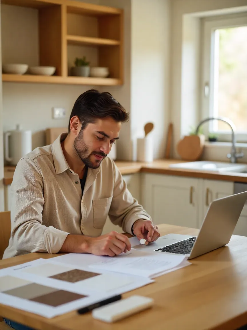 Homeowner reviewing kitchen remodel plans with material samples and budget planner on a table.