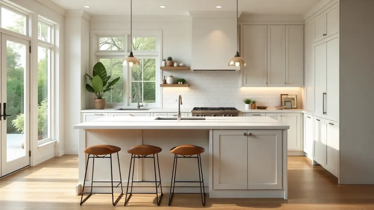 Modern kitchen remodel with quartz island, shaker cabinets, stainless steel appliances, pendant lighting, and subway tile backsplash for a luxurious look.