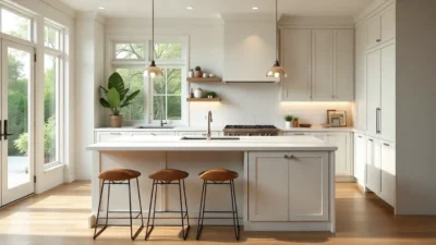 Modern kitchen remodel with quartz island, shaker cabinets, stainless steel appliances, pendant lighting, and subway tile backsplash for a luxurious look.
