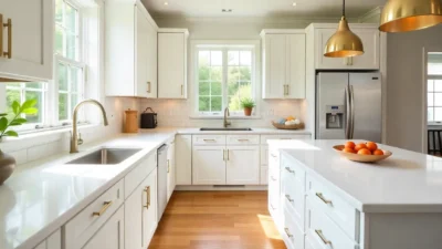Modern kitchen with quartz countertops, white cabinets, subway tile backsplash, and hardwood flooring under bright natural light.