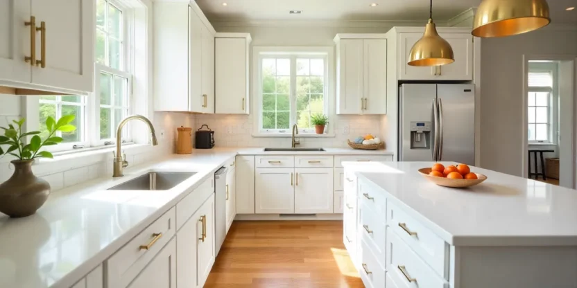 Modern kitchen with quartz countertops, white cabinets, subway tile backsplash, and hardwood flooring under bright natural light.