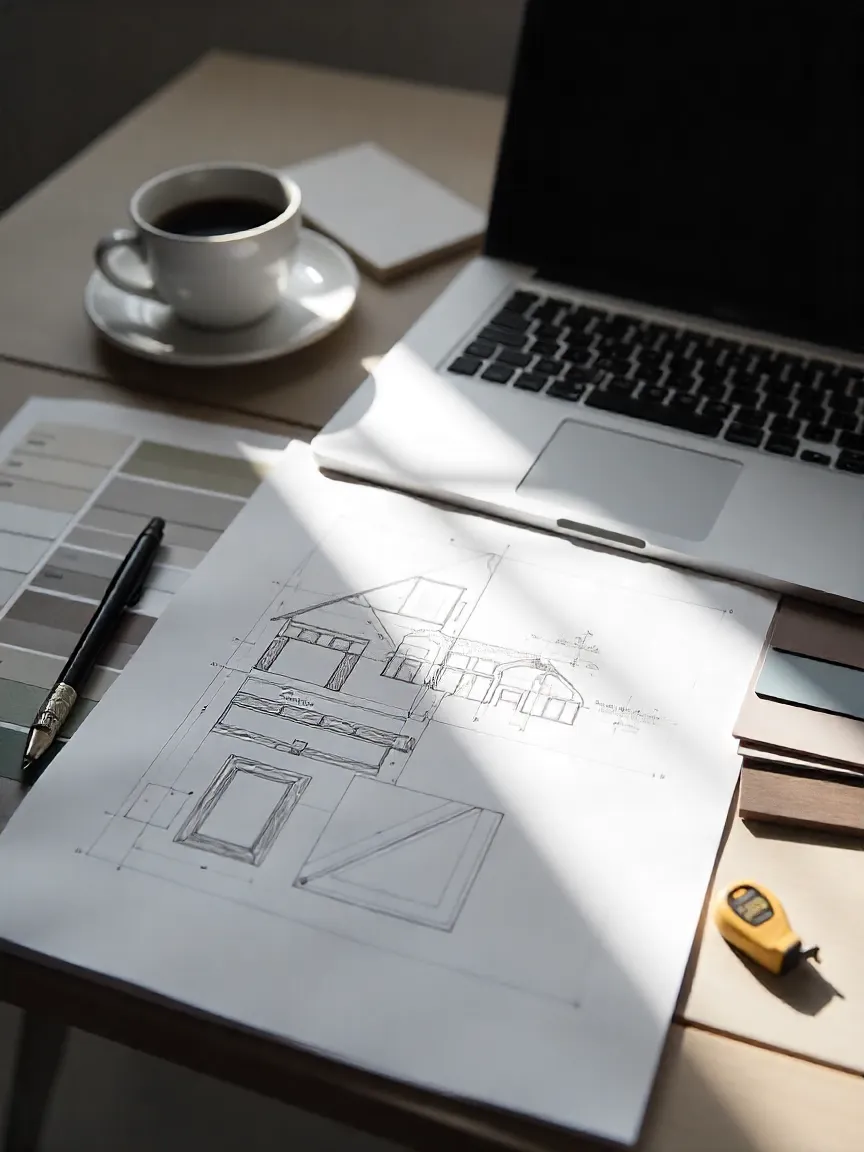 Kitchen remodel planning workspace with blueprints, color swatches, cabinet samples, and laptop, symbolizing budgeting, design decisions, and permits.