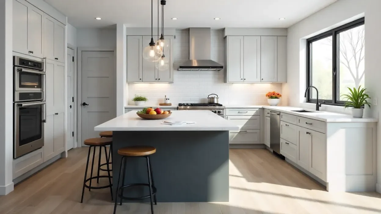 A modern kitchen remodel featuring a large island with seating, quartz countertops, two-tone cabinets, stainless steel appliances, and pendant lights.