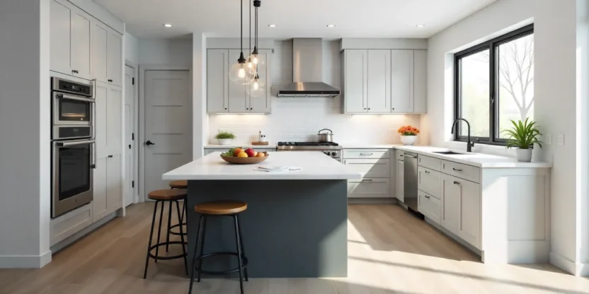 A modern kitchen remodel featuring a large island with seating, quartz countertops, two-tone cabinets, stainless steel appliances, and pendant lights.