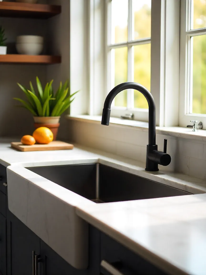 Kitchen sink display with stainless steel, composite, and farmhouse sinks paired with modern faucet designs.