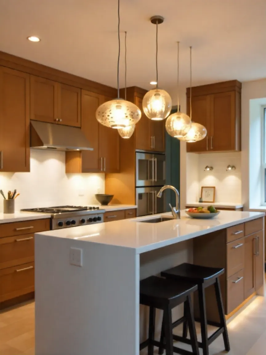 Modern kitchen with statement pendant lights above the island, warm wood cabinets, white countertops, and layered lighting for an inviting ambiance.