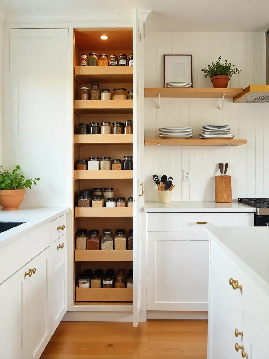 Kitchen with pull-out pantry, beadboard open shelving, and organized storage for a clutter-free design.